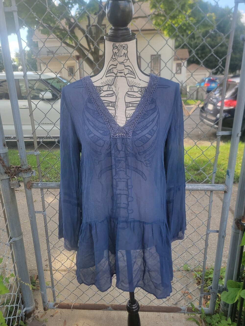 Marina D’Este 100% Silk Navy Crochet Boho Tunic Blouse Size M
